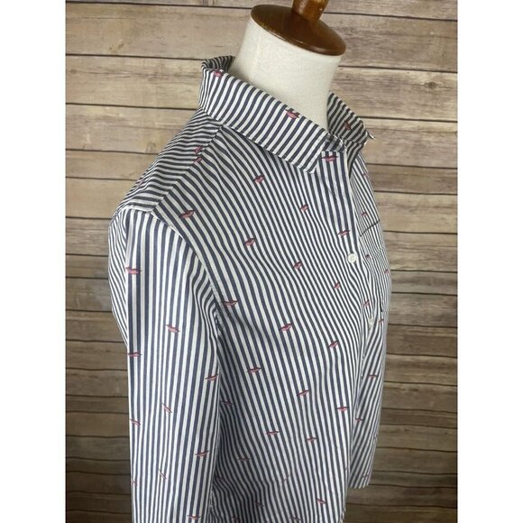 Banana Republic Small Quinn Boy Fit Button Up Striped Lip Print Blouse Blue Pink - Picture 9 of 11